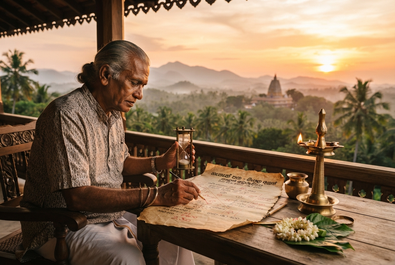 Sri Lankan astrologer reading charts at sunset with a dagoba visible in the distance