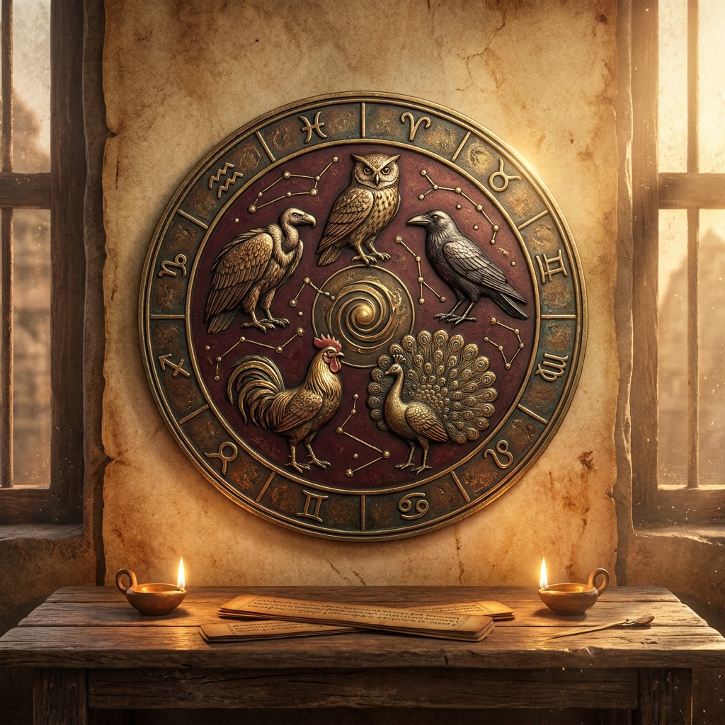 The five Pancha Pakshi birds — vulture, owl, crow, cock, and peacock — engraved in a brass zodiac roundel