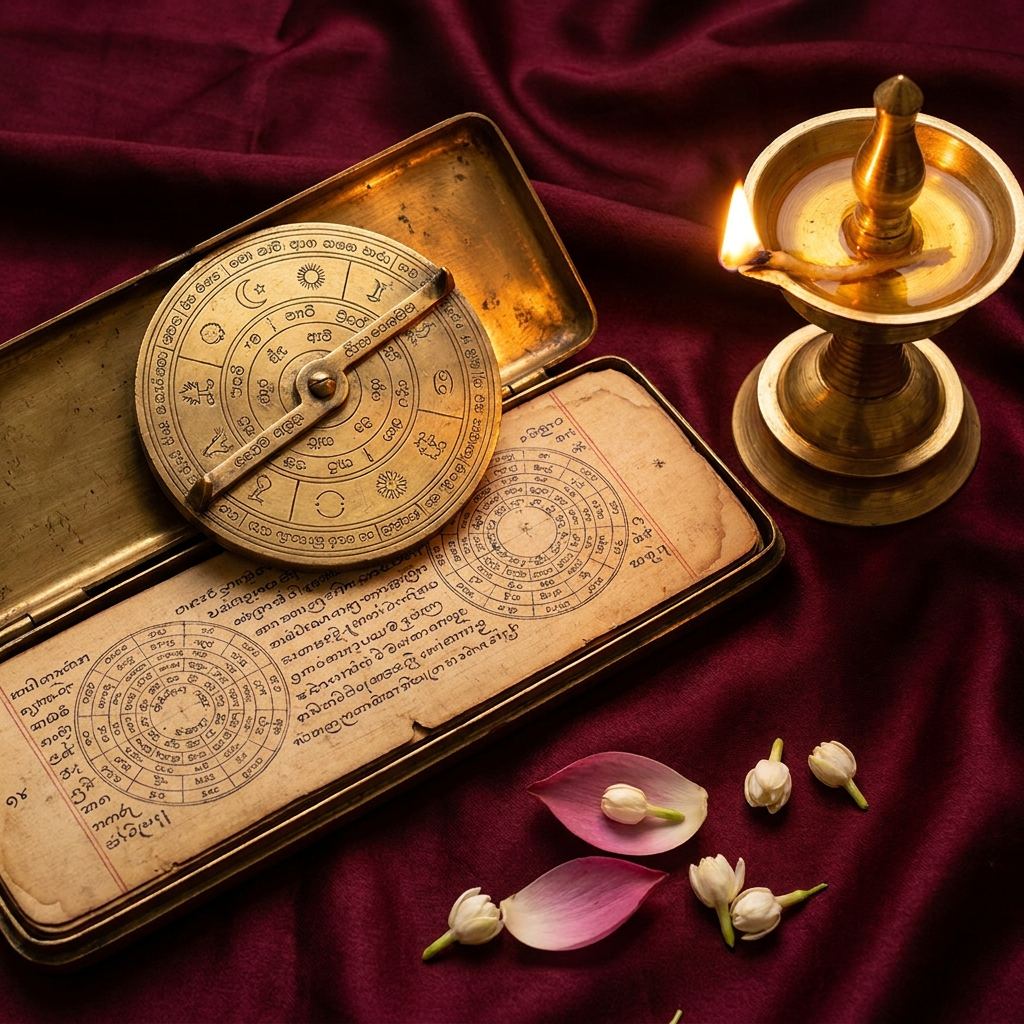 A traditional brass Sri Lankan astrological calculator and palm-leaf almanac, lit by an oil lamp